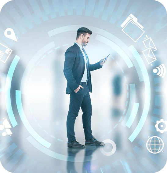 Business professional embracing digital transformation.