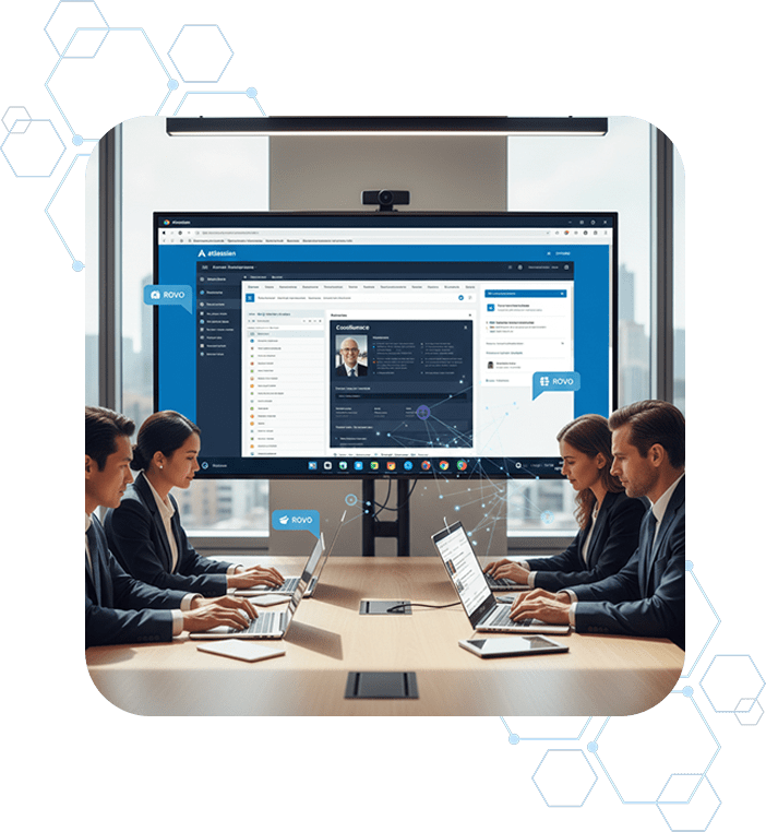 Business teams working together with Atlassian Intelligence and Rovo to enhance collaboration and enterprise productivity.