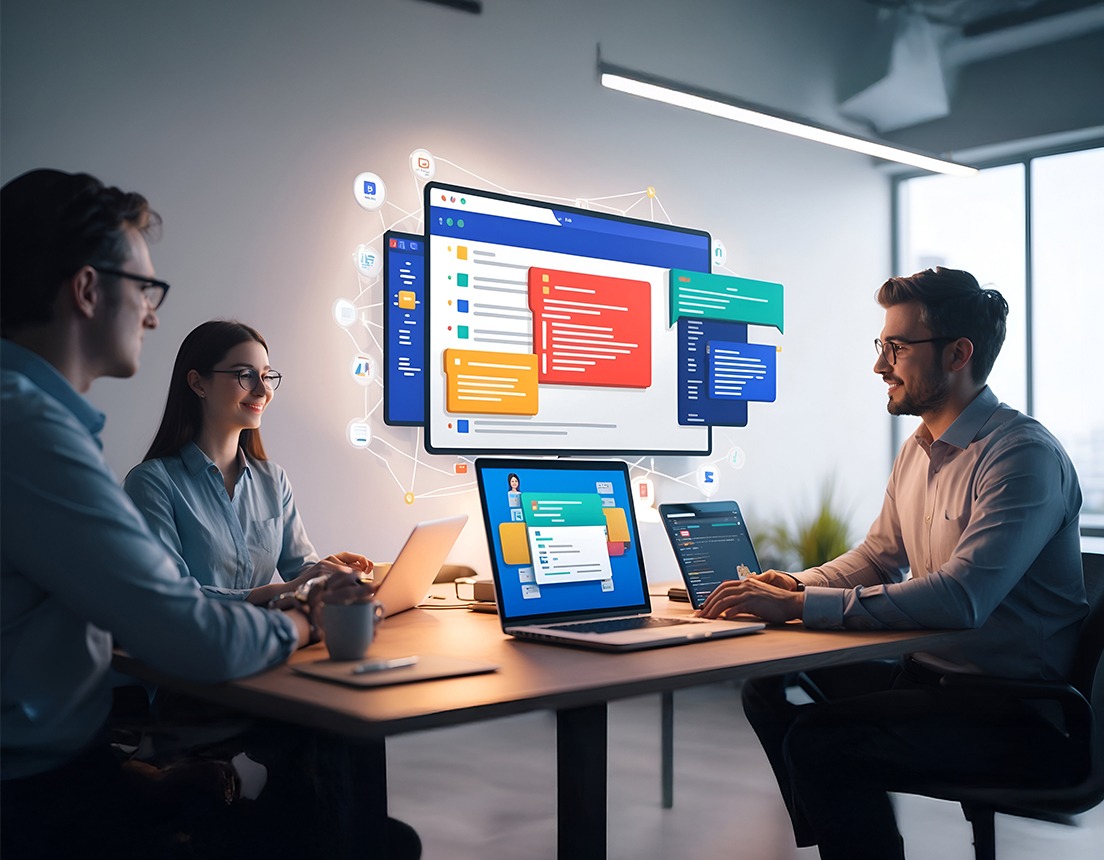Team collaborating around an enterprise service management platform dashboard.