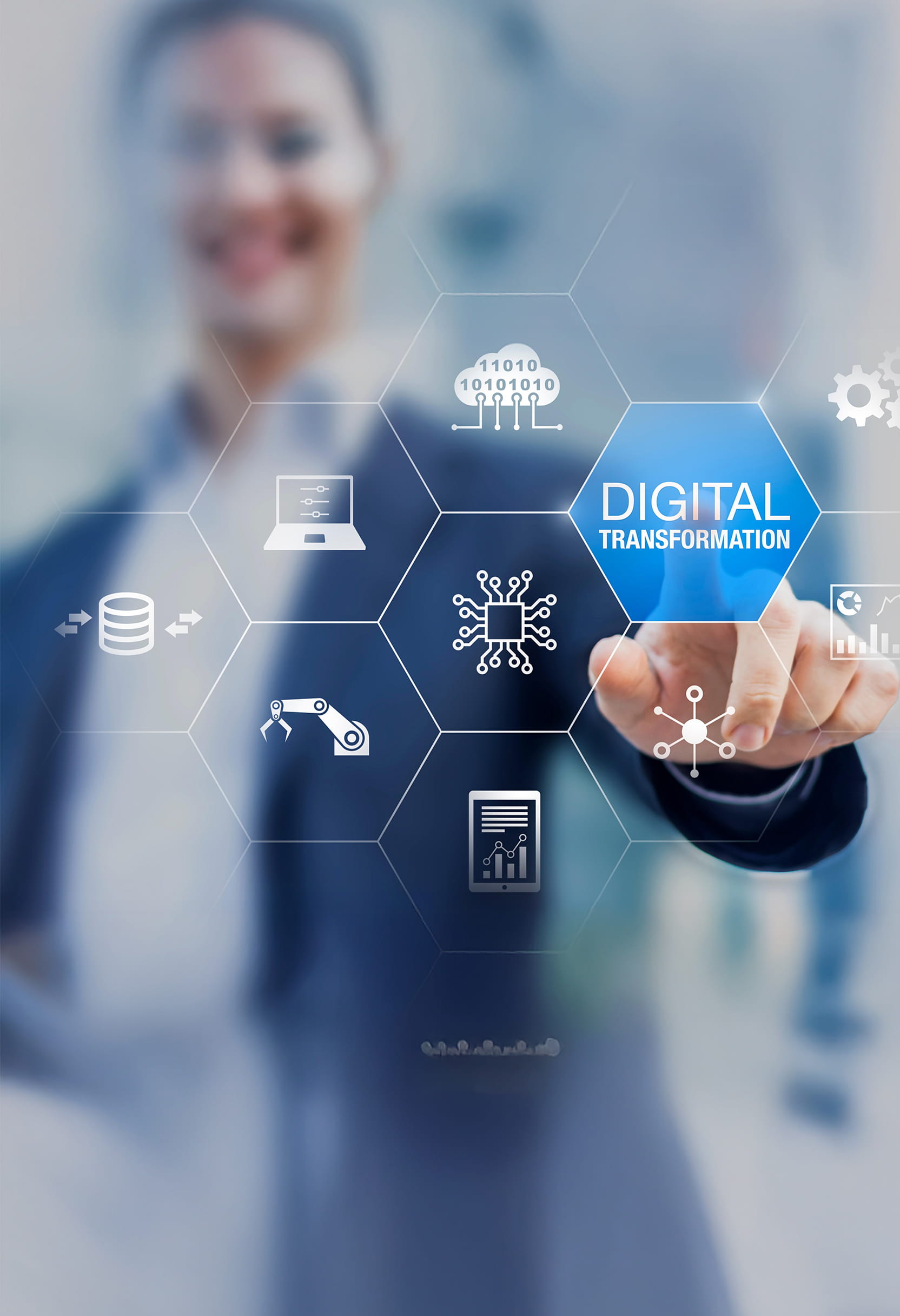 Professional interacting with digital transformation icons, representing enterprise modernization and process innovation.