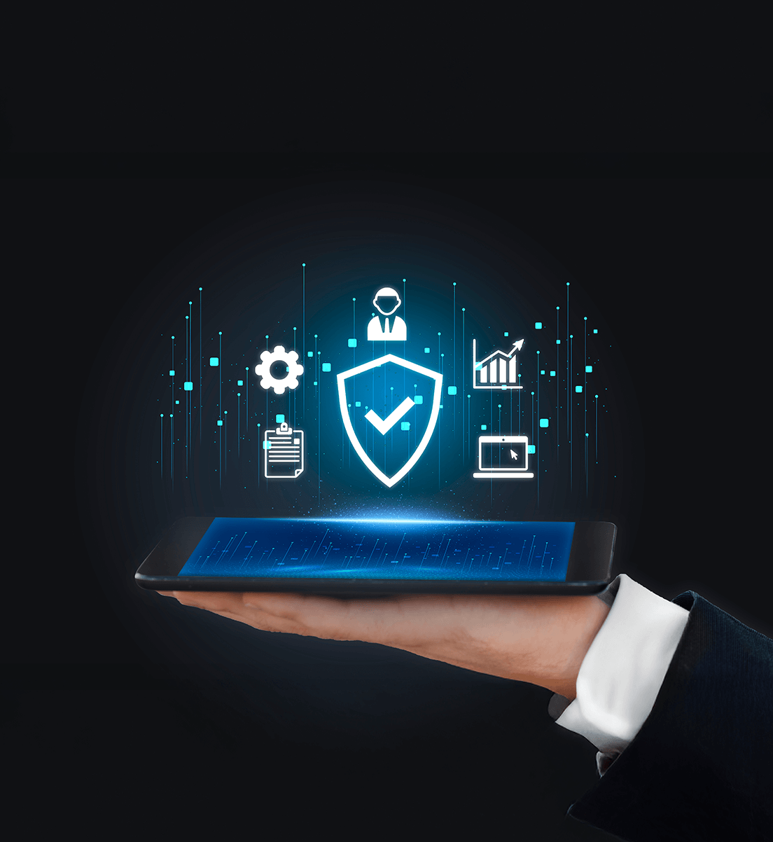 A hand holding a digital tablet with floating icons for training, documentation, security, and performance improvement.