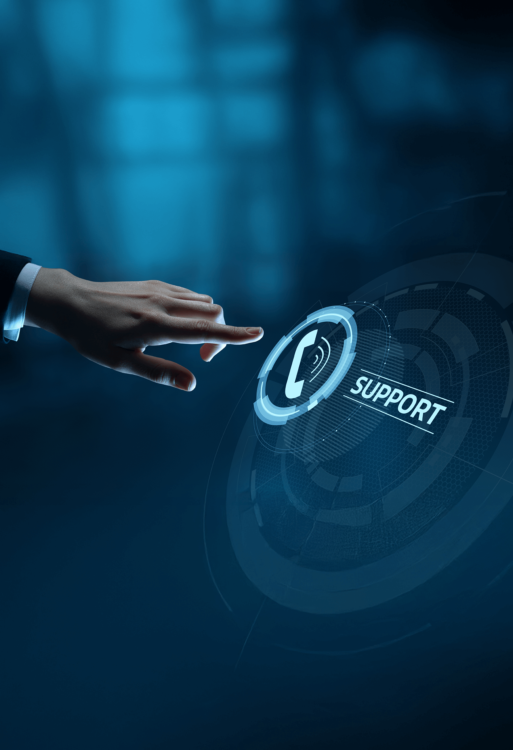 Professional hand activating a holographic support system in a high-tech environment.