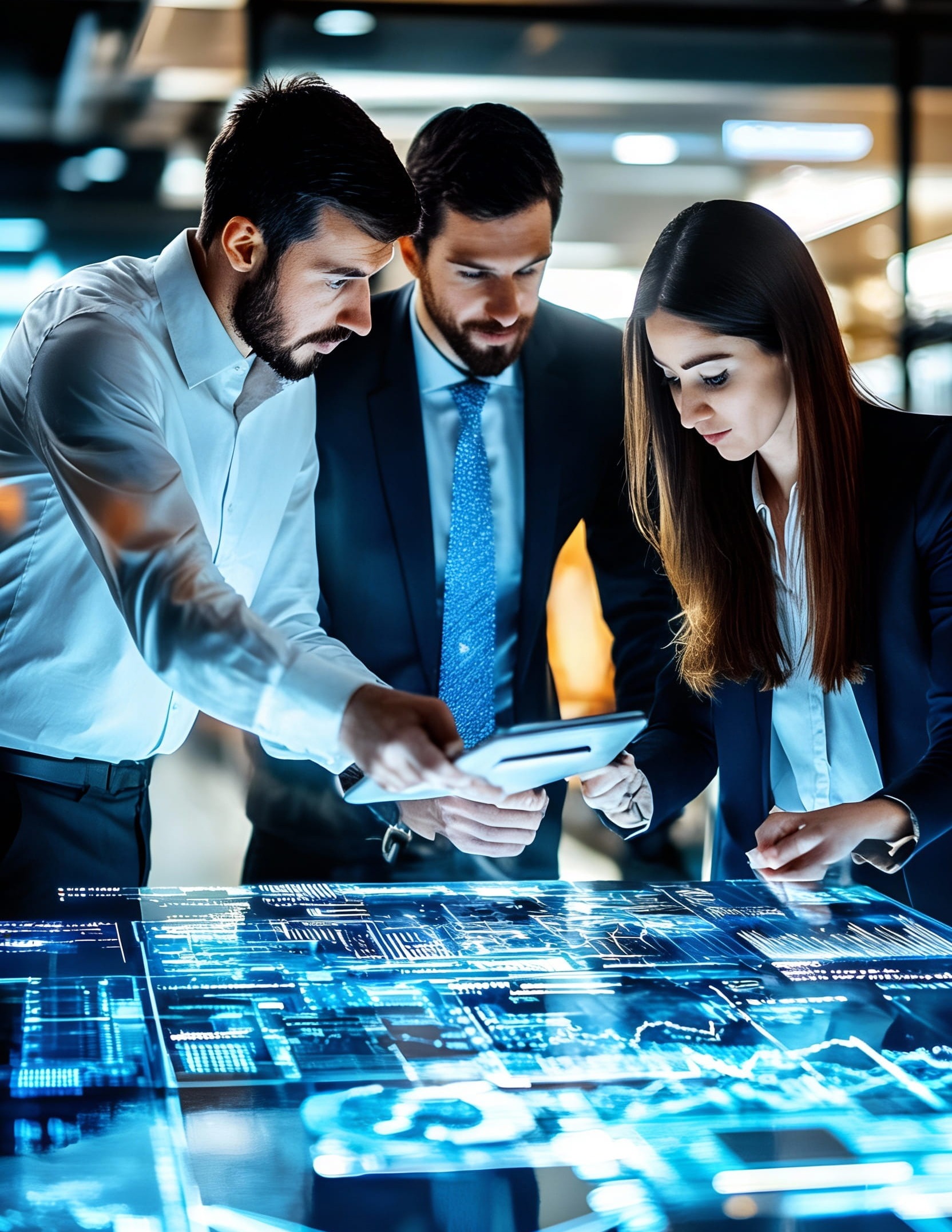 Professionals reviewing analytics and system data on an interactive digital interface