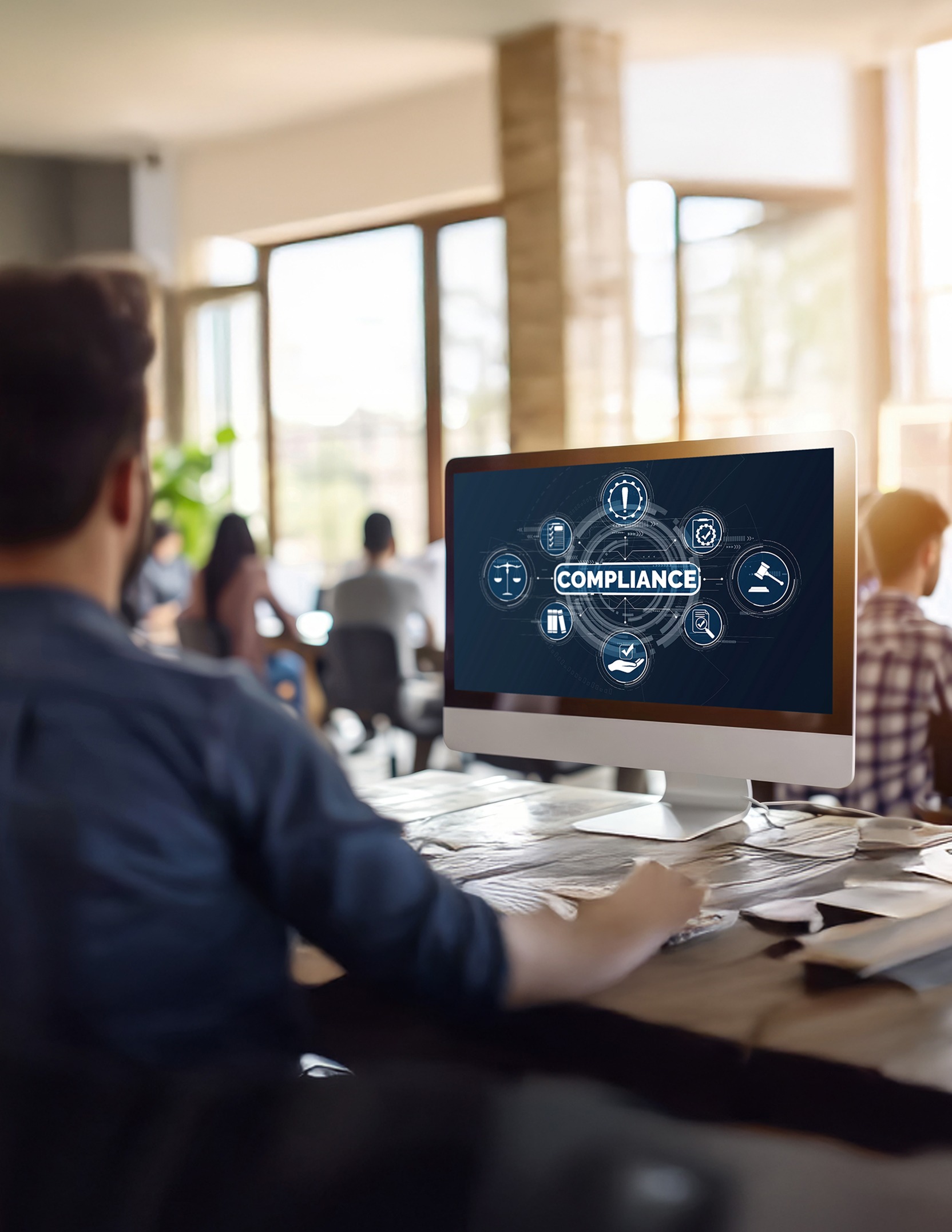 Professional reviewing governance and compliance controls on a digital dashboard.
