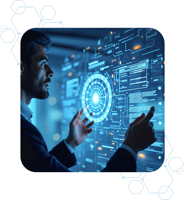 Professional interacting with a unified digital workspace for planning, work, and delivery.