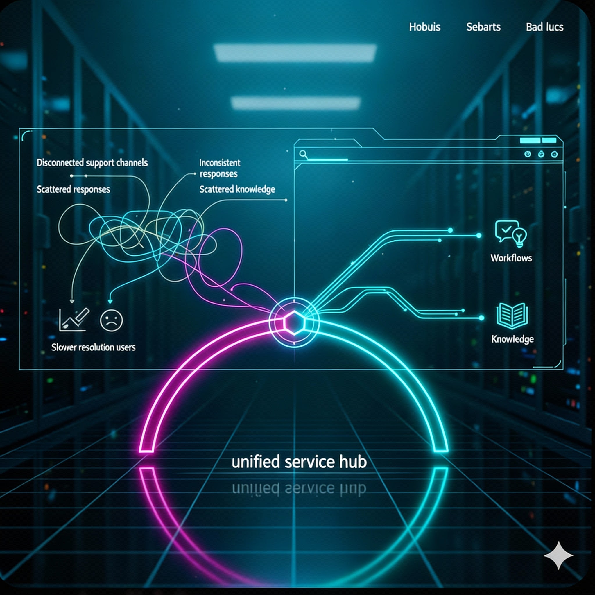 Visual showing a unified service hub connecting workflows, knowledge, and support channels.