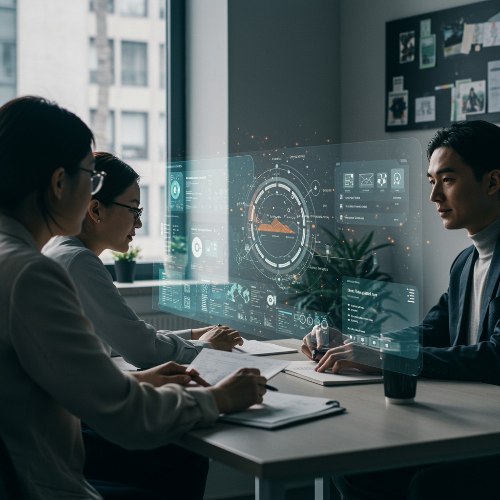 Team collaborating around a unified digital workspace, representing an acceleration hub that connects planning, execution, knowledge, and communication.