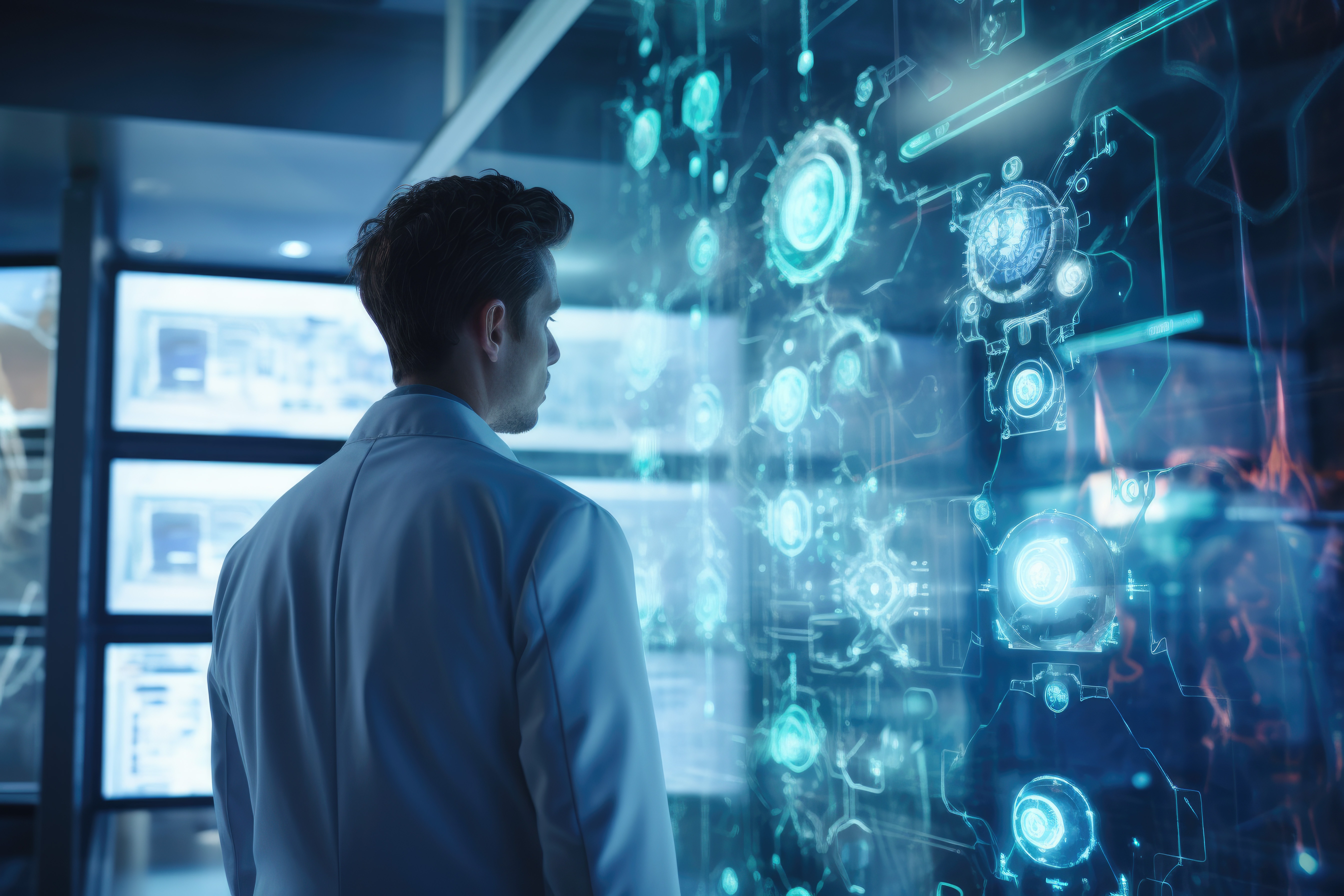 Professional viewing a connected digital system representing the acceleration hub.