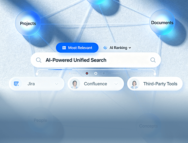 AI-powered Rovo Search experience unifying results from Jira, Confluence, documents, projects, and third-party tools.