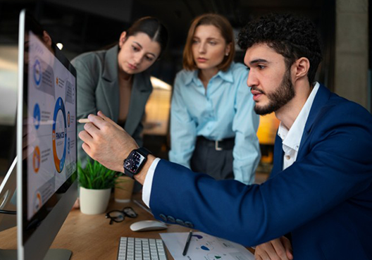 Business professionals shaking hands with digital icons symbolizing strategic consulting, optimization, and ongoing advisory partnership.