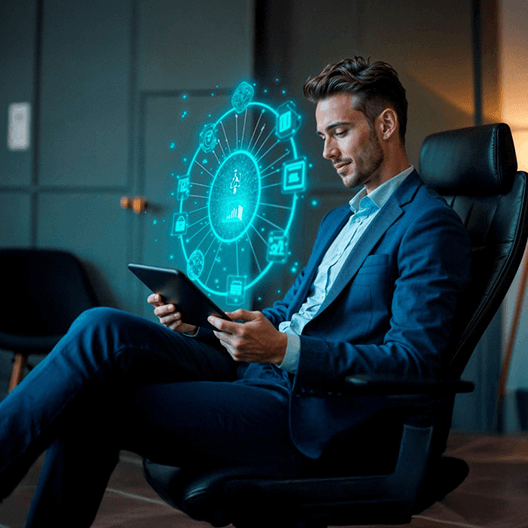 Two professionals collaborating in a modern office, using transparent digital interfaces and visual workflows, representing the Software Collection